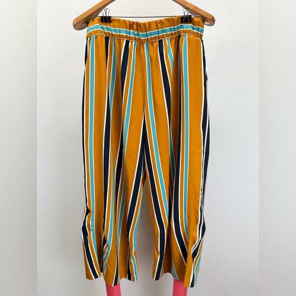 ZARA Mustard yellow and navy stripe elastic waist crop pants size L - Picture 7 of 13